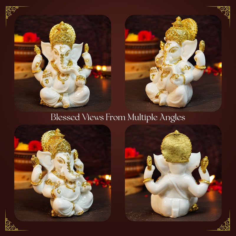 Ekhasa Aura Series Marble Dust Ganesha Idol (5 Inch) | Gold Plated Ganesh Murti For Pooja Room, Home Decor, Office Desk | Resin